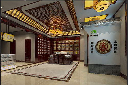 高平古朴典雅的中式茶叶店大堂设计效果图